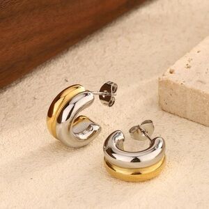 Two-Tone C-Shape Stud Hoop Earrings